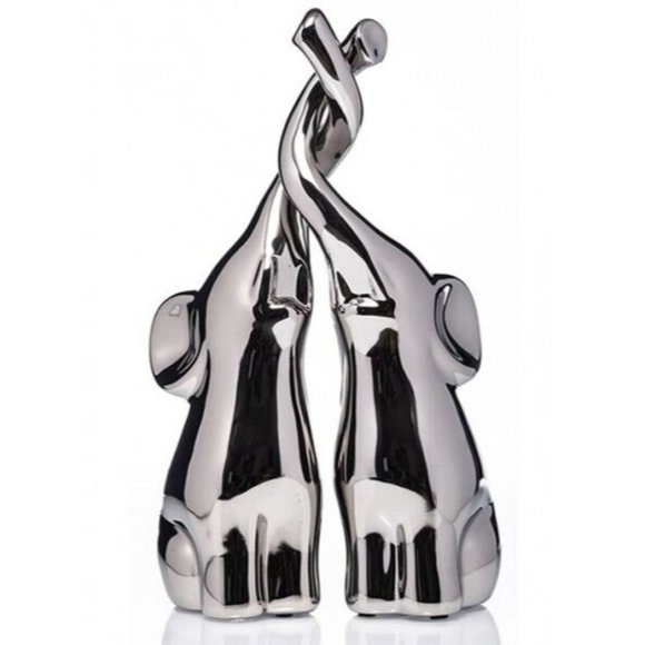 Silver Elephant Figures with Intertwined Trunks, Ceramic Set of 2, Chrome Decor - Picture 1 of 16